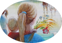 Pâques (en mars/avril) avec, dans les mains de l'enfant, le bouquet d'orge, d'herbes amères et d'anémones